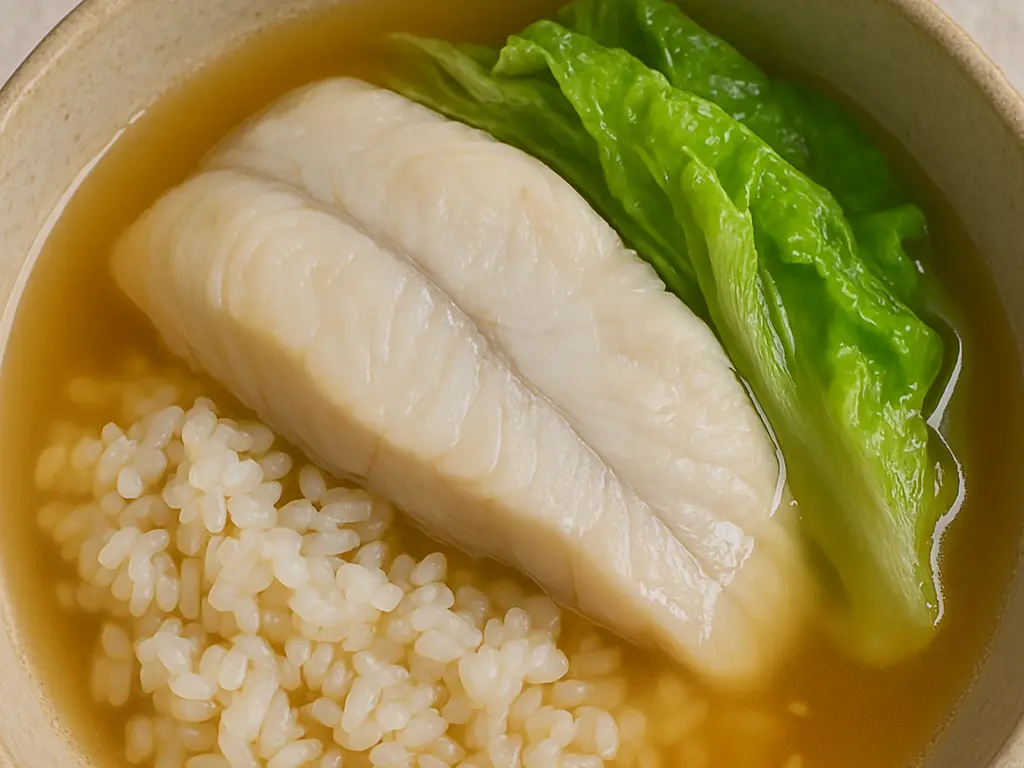 Poached Fish Rice with Lettuce & Ginger Broth