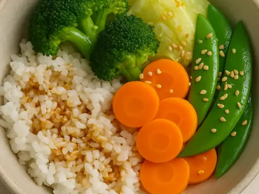 Steamed Veggies with Rice & Soy Drizzle
