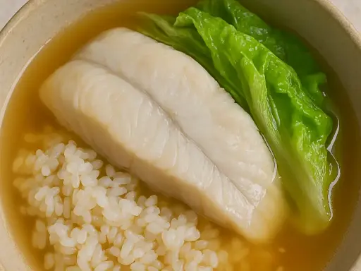 Poached Fish Rice with Lettuce & Ginger Broth
